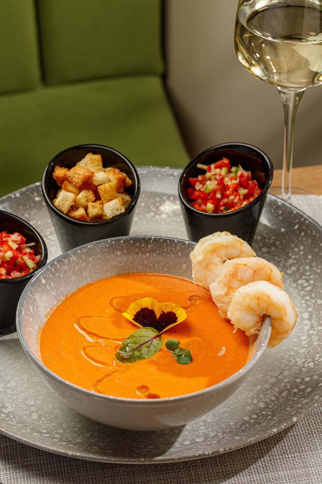 Andalusian gazpacho with shrimp, croutons and salsa
