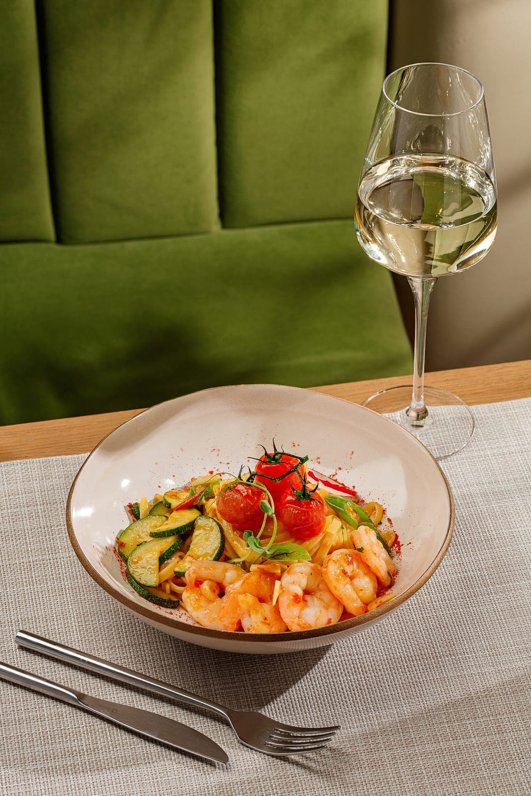 Pasta with shrimp and zucchini, ready for delivery